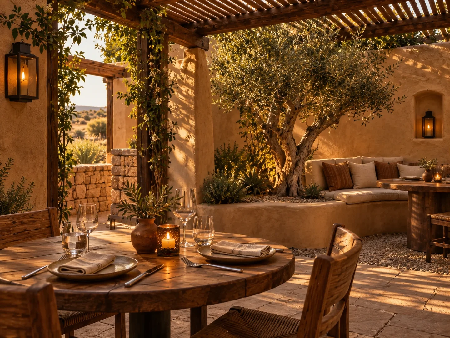 Quiet courtyard seating at the illustrative adobe restaurant