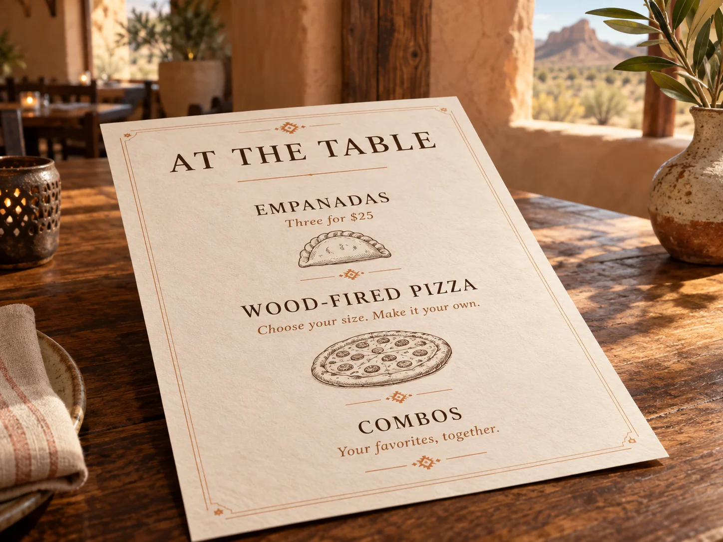Illustrative restaurant menu with empanadas, wood-fired pizza, and combos on a wooden table
