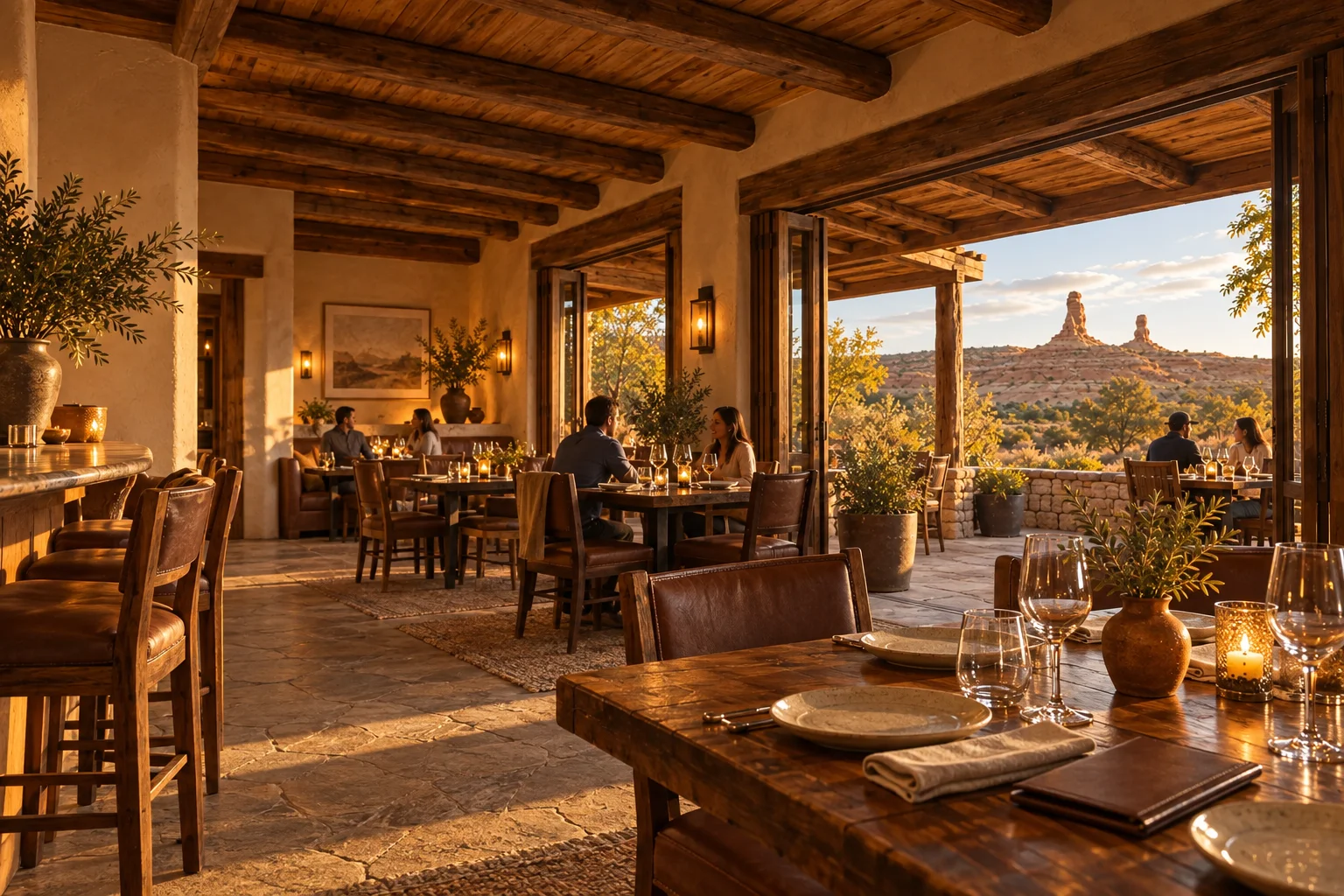 Illustrative dining room in the same desert restaurant, overlooking sandstone hoodoos