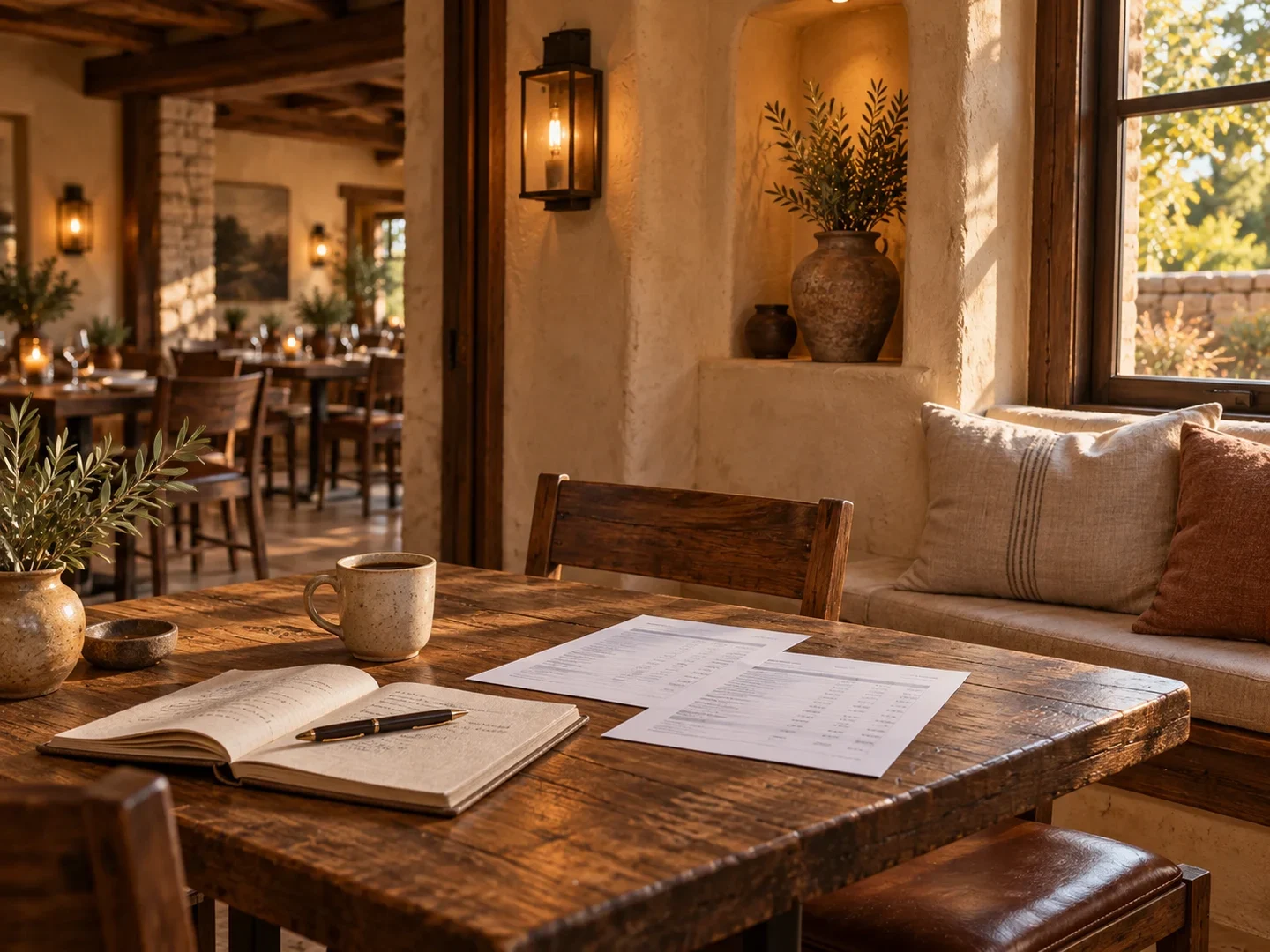 Notebook, statements, and coffee on a wooden restaurant table
